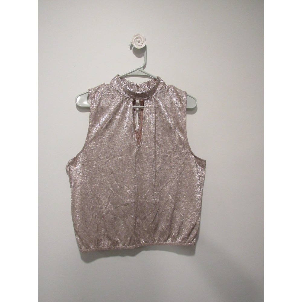 Express rose goldMetallic Mock Neck Keyhole Top Blouse Disco Y2K Holiday Vegas L